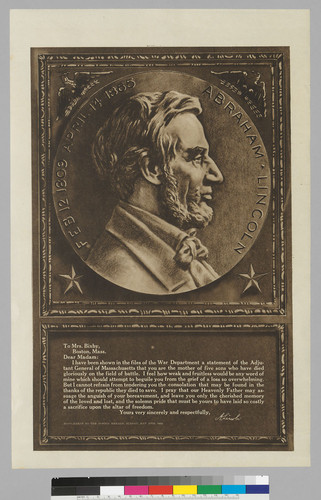 On plaque: Feb 12, 1809 April 14, 1865 Abraham Lincoln: below: Letter to Mrs. Bixby, Boston Mass from A. Lincoln (signature)