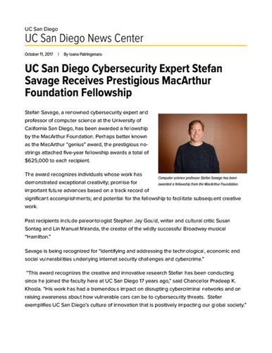UC San Diego Cybersecurity Expert Stefan Savage Receives Prestigious MacArthur Foundation Fellowship