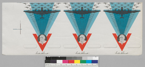 [Untitled: Portrait of Franklin D. Roosevelt in the middle of red "V", with warplanes flying above]