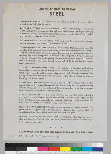 [Informational text on the Story of steel, to accompany poster. On recto: b) Synopsis of story on making steel. On verso: c) Letter by Herbert L. Gutterson, War Production Board.]