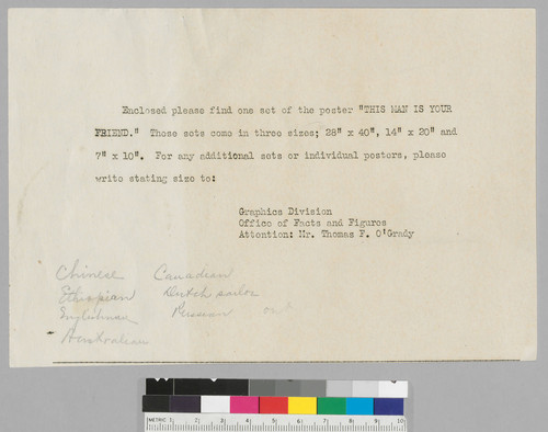"Enclosed please find one set of the poster "This man is your friend"..." for 2005.004:0367 thru 0373--C & D