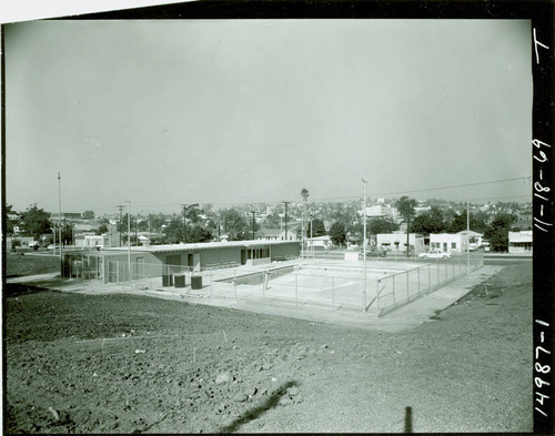 View of the swimming pool and bathhouse at Obregon Park