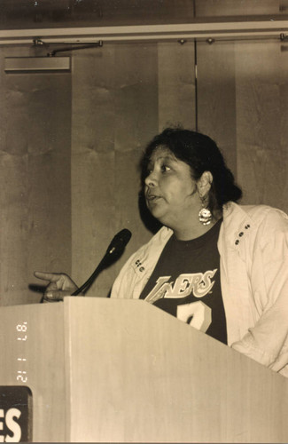 A Chumash woman speaks on behalf of AIM, 1994