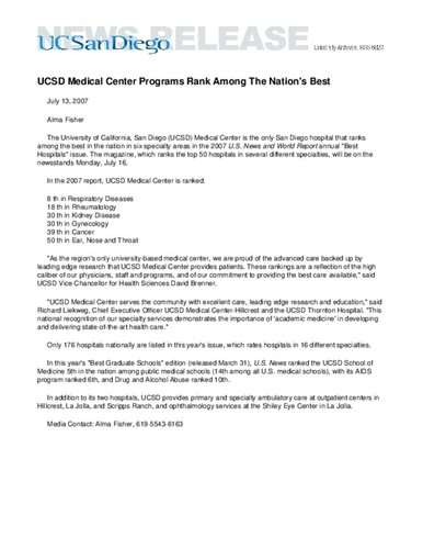 UCSD Medical Center Programs Rank Among The Nation's Best