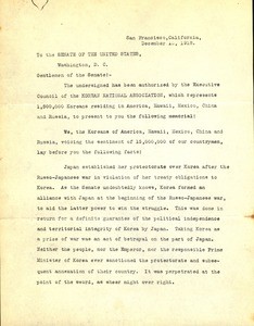 Letter from Henry Chung, representing the Korean National Association, to the United States Senate, appealing for American support for Korean independence, 1918-12