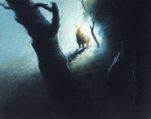 Tyrus Wong's painting of a deer in a dark forest for Walt Disney