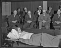 Golda Gose rests on her stretcher in front of the jury, Los Angeles, 1936