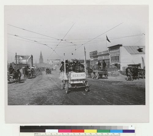 San Francisco Car Strike--1907. [Market St. Ferry Building in distance, left center; Donahue Labor statue, far left.]