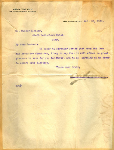 Letter from Charles Forman to Walter Lindley