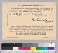 War Manpower Commission Registration Card certifying that Alfred Tarski is registered with the National Roster of Scientific and Specialized Personnel