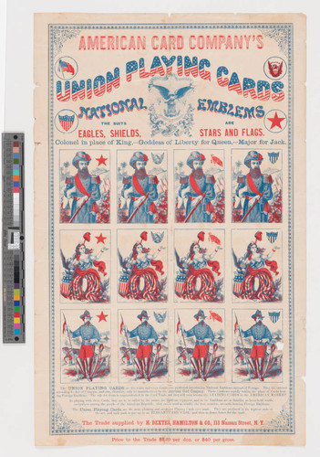 American Card Company's Union playing cards, national emblems, the suits are eagles, shields, stars and flags : Colonel in place of King,--- Goddess of Liberty for Queen,--- Major for Jack