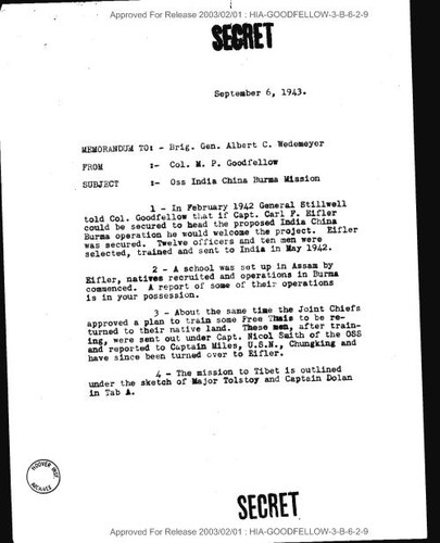 M. P. Goodfellow memo to Albert C. Wedemeyer regarding OSS India China Burma mission and list of key personnel