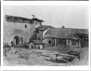 Painting depicting the courtyard of the Mission San Antonio de Padua, ca.1889