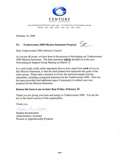 Letter from Heather Rosenkoetter to the Tradeswomen 2000 advisory council