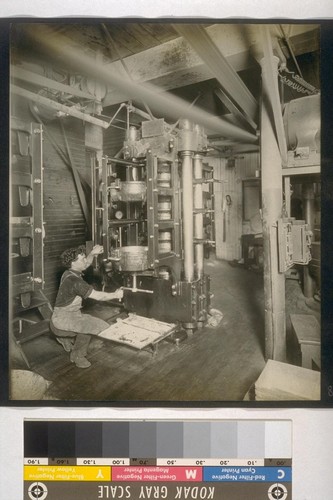 [Factory worker operating machinery.]