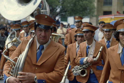 Marching band at the Blacks and Whites Carnival, Nariño, Colombia, 1979