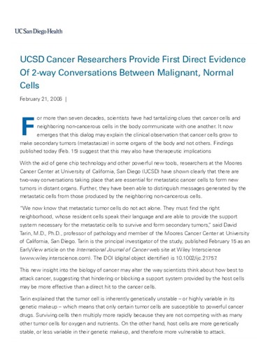 UCSD Cancer Researchers Provide First Direct Evidence Of 2-way Conversations Between Malignant, Normal Cells