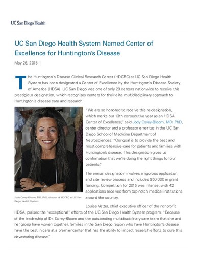 UC San Diego Health System Named Center of Excellence for Huntington's Disease
