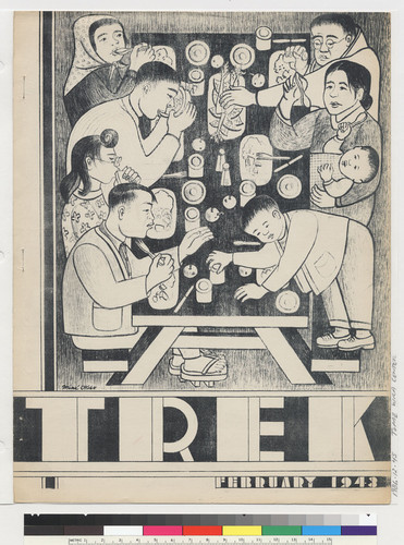 [Illustration of people during a meal. Mine Okubo. Feb. 1943. Trek]