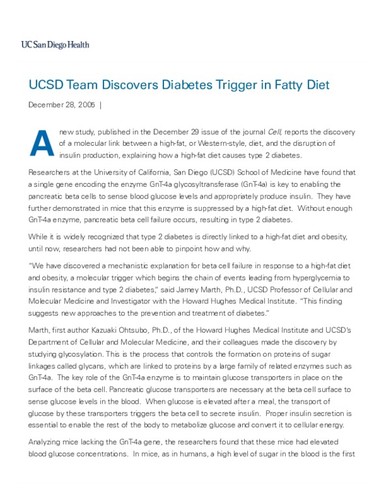 UCSD Team Discovers Diabetes Trigger in Fatty Diet
