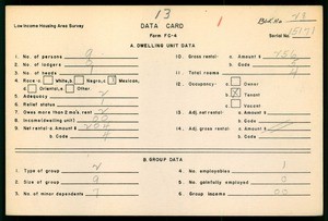 WPA Low income housing area survey data card 13, serial 15171