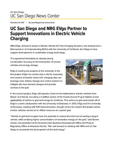UC San Diego and NRG EVgo Partner to Support Innovations in Electric Vehicle Charging