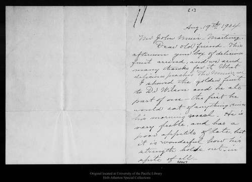 Letter from E[mily] O. Wilson to John Muir, 1904 Aug 19