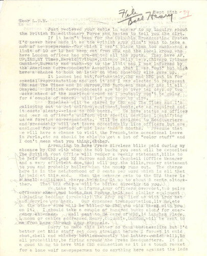 Letter to Loyal Durand Hotchkiss from Bill Henry, World War II, September 25, 1939