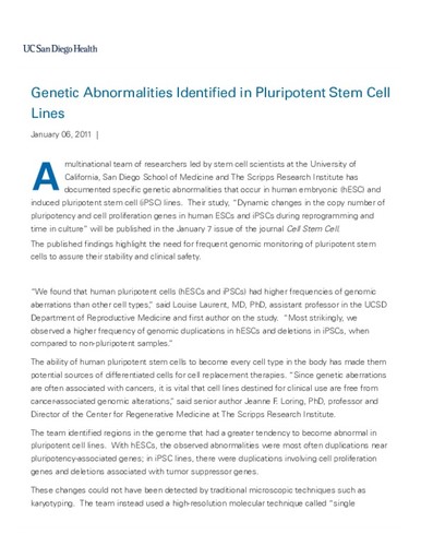 Genetic Abnormalities Identified in Pluripotent Stem Cell Lines