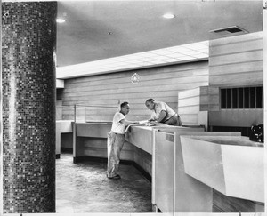 Marriage License Bureau in the new Los Angeles County Courthouse with electricians Jack Lehman and Alex Saltzman, 1958