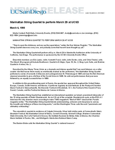 Manhattan String Quartet to perform March 29 at UCSD