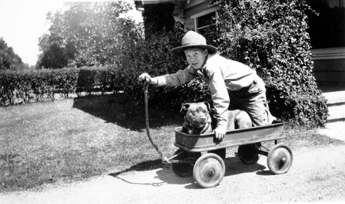 John Vernon Sauers (1916-2001) with his dog and wagon, Tustin