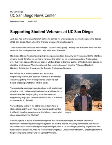 Supporting Student Veterans at UC San Diego
