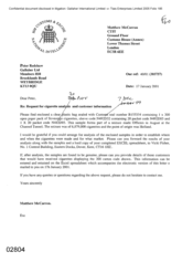 [Letter from Matthew McCarron to Peter Redshaw regarding request for cigarette analysis and customer information]