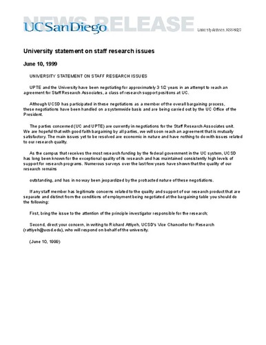 University statement on staff research issues