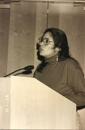 A Chumash woman gives her take on the situation with Malibu development, speaking at Chumash grave rites hearing, 1994