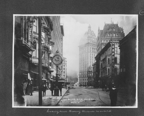 Looking down Kearny towards Market St. [caption on print:] Call Building on fire, April 18, 1906