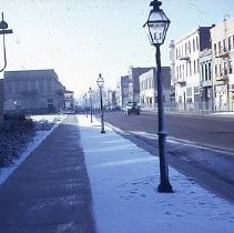Old Sacramento historic district street scene on Second Street between I and J Streets showing snow on the ground