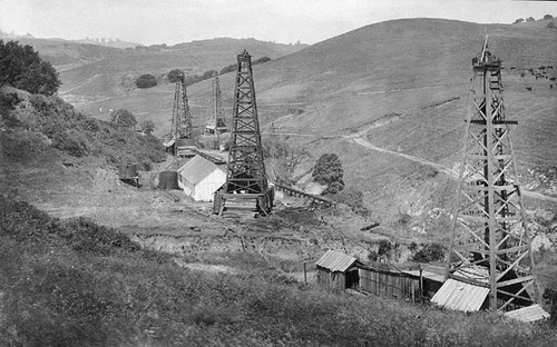 Derricks in an oil field in Santa Cruz County