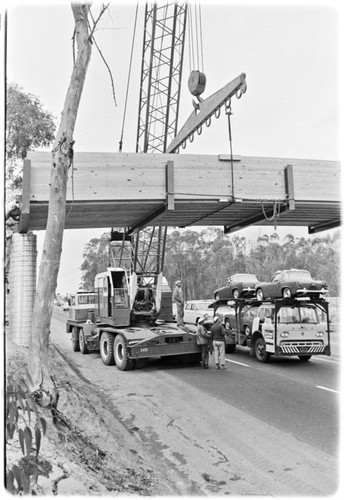 Pedestrian footbridge over U.S. Highway 101 hoisted into place by two cranes