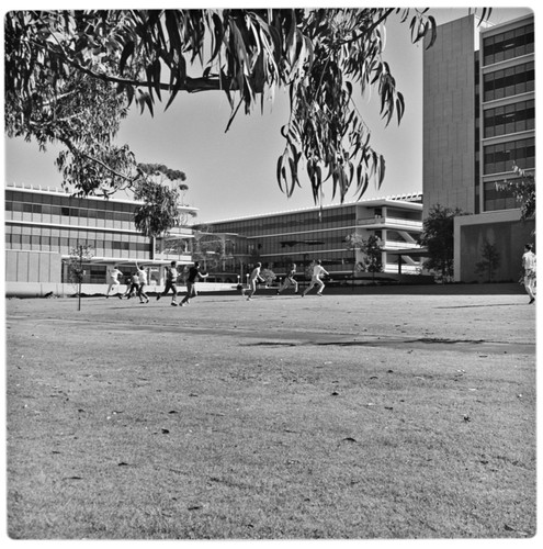 Students playing football on lawn outside Urey Hall