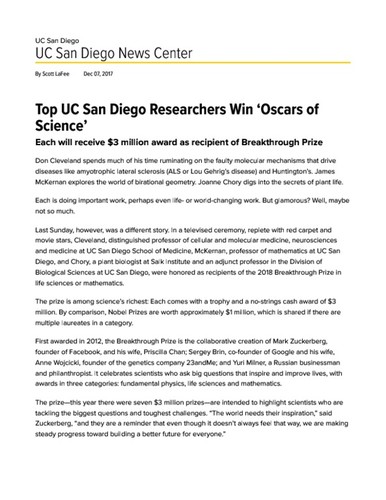 Top UC San Diego Researchers Win ‘Oscars of Science’