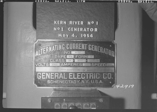 Kern River No. 1 - Generator Name Plate