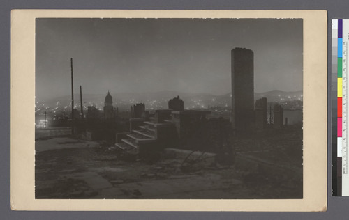 "Steps that Lead to Nowhere." Showing the remains of a Nob Hill residence: some chimneys and a foreground of steps. "Beyond them was devastation with only the lights of the Mission District visible in the distance." Photograph taken by moonlight. See p. 95, _As I Remember_ by A. Genthe. Ruins of City Hall (left background)