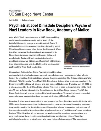Psychiatrist Joel Dimsdale Deciphers Psyche of Nazi Leaders in New Book, Anatomy of Malice