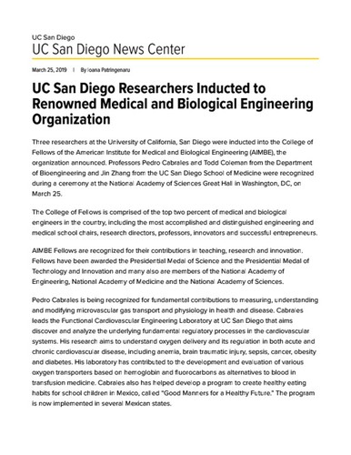 UC San Diego Researchers Inducted to Renowned Medical and Biological Engineering Organization