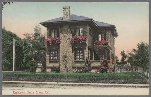 Postcard, Residence with flowers on balconies, Santa Clara, CA, ca. 1900