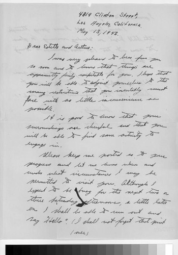 Letter, 1942 May 13, Los Angeles, Calif. to Mr. and Mrs. Arthur Ishigo, Pomona Assembly Center, Pomona, Calif