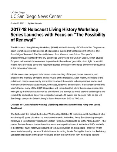 2017-18 Holocaust Living History Workshop Series Launches with Focus on “The Possibility of Renewal”