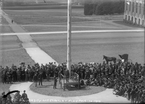 "UC meeting at flag pole, ca. 1900," Prof. Bernard Moses or President Benjamin Ide Wheeler, University of California at Berkeley. [negative]